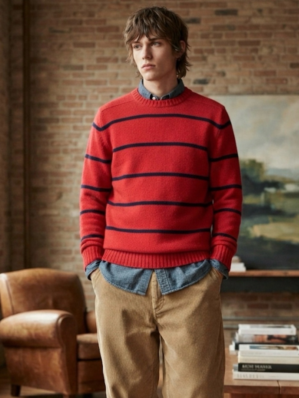 Vintage Lands' End Red & Navy Striped 100% Wool Shetland Sweater Men’s Large